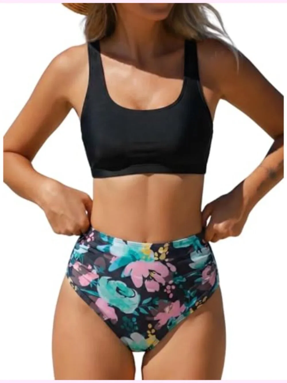 High Waisted Tummy Control Two Piece Bikini Set with Floral Print for Women